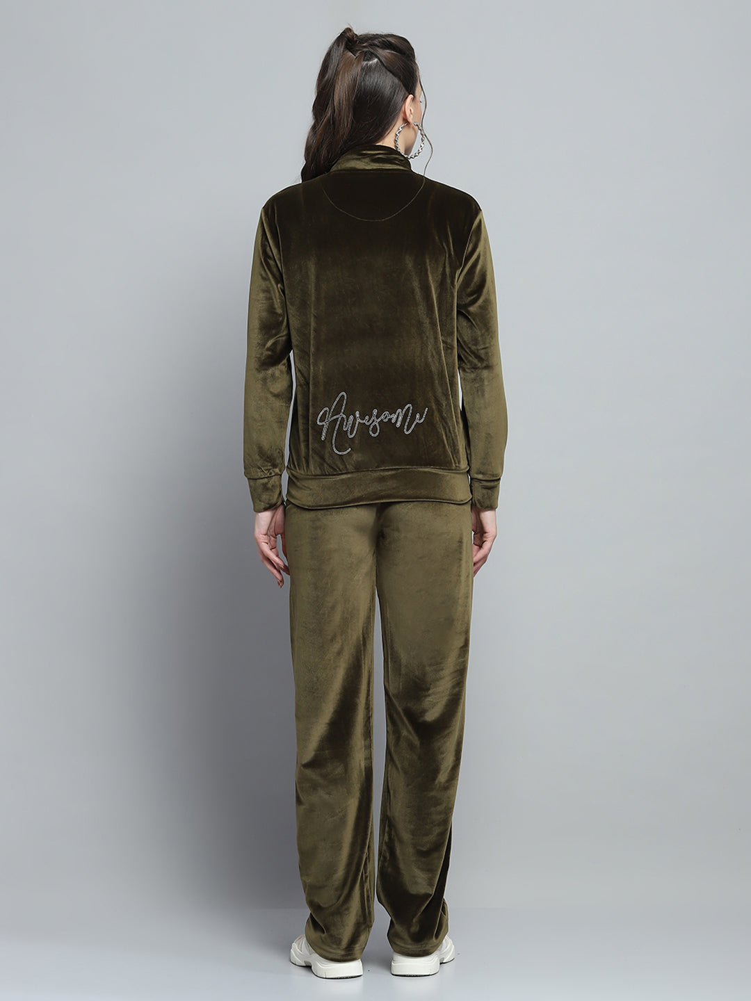 Women Olive Printed Mock Neck Full Sleeve Cords Set