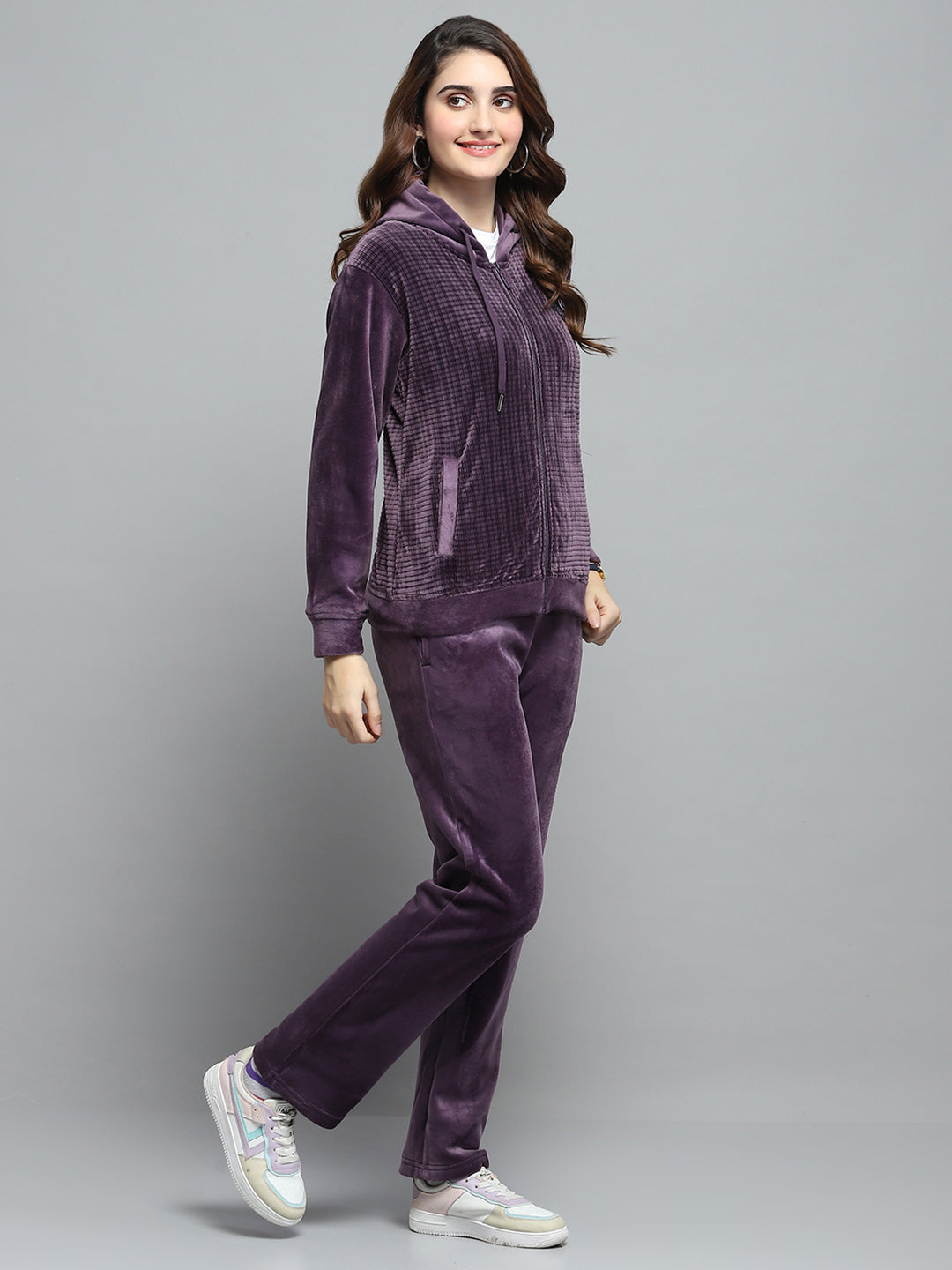 Women Purple Printed Hooded Full Sleeve Cords Set