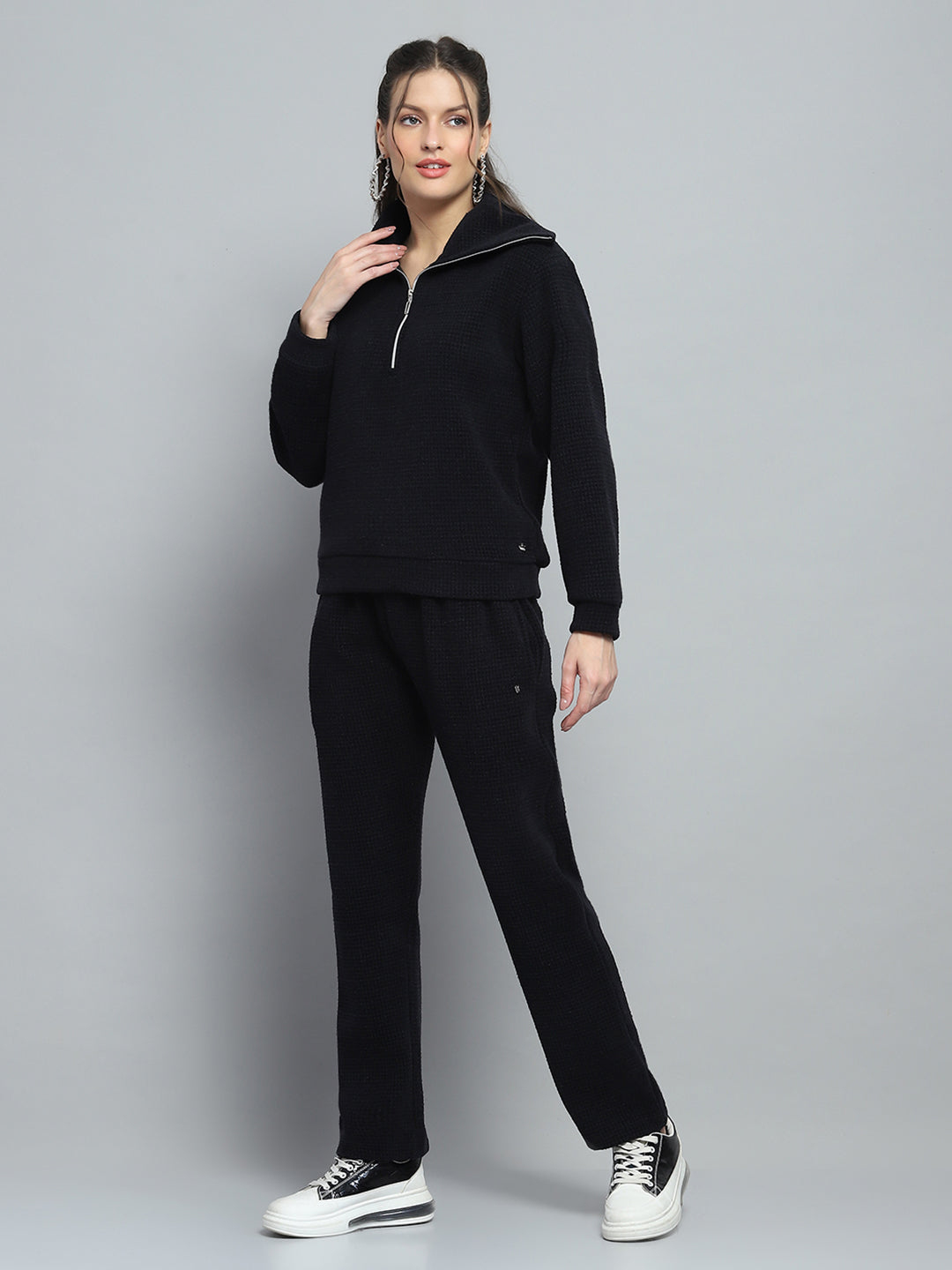 Women Black Self Design Collar Full Sleeve Cords Set