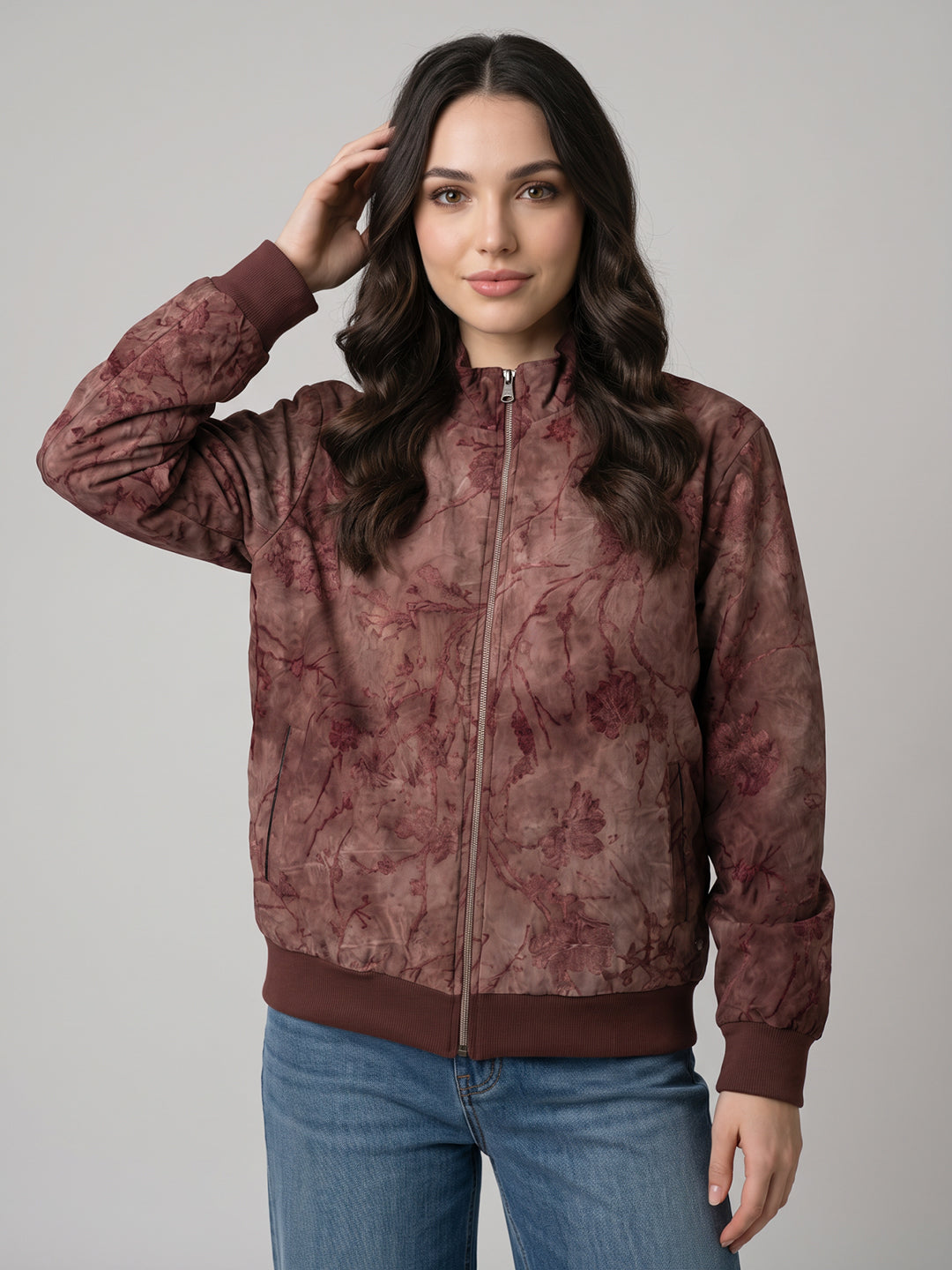 Women Peach Floral Motif Printed Turtle Neck Full Sleeve Sweatshirt
