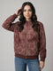 Women Peach Floral Motif Printed Turtle Neck Full Sleeve Sweatshirt