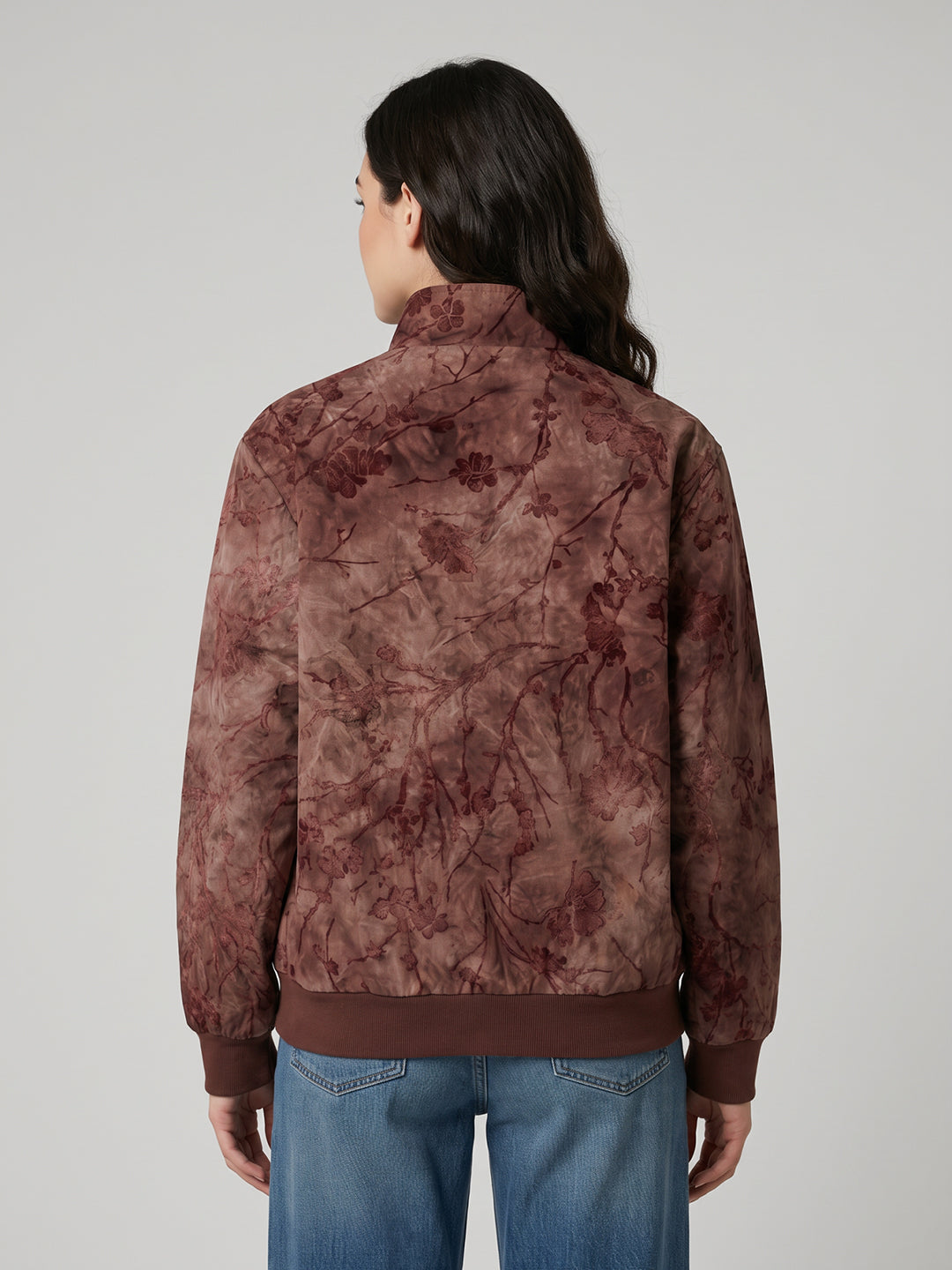 Women Peach Floral Motif Printed Turtle Neck Full Sleeve Sweatshirt