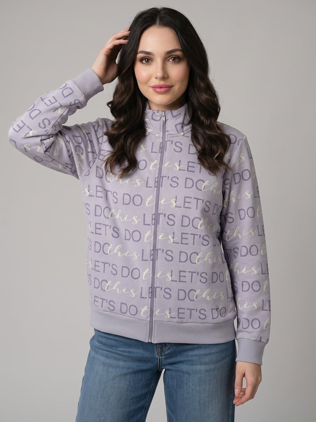 Women Purple Printed Stand Collar Full Sleeve Sweatshirt