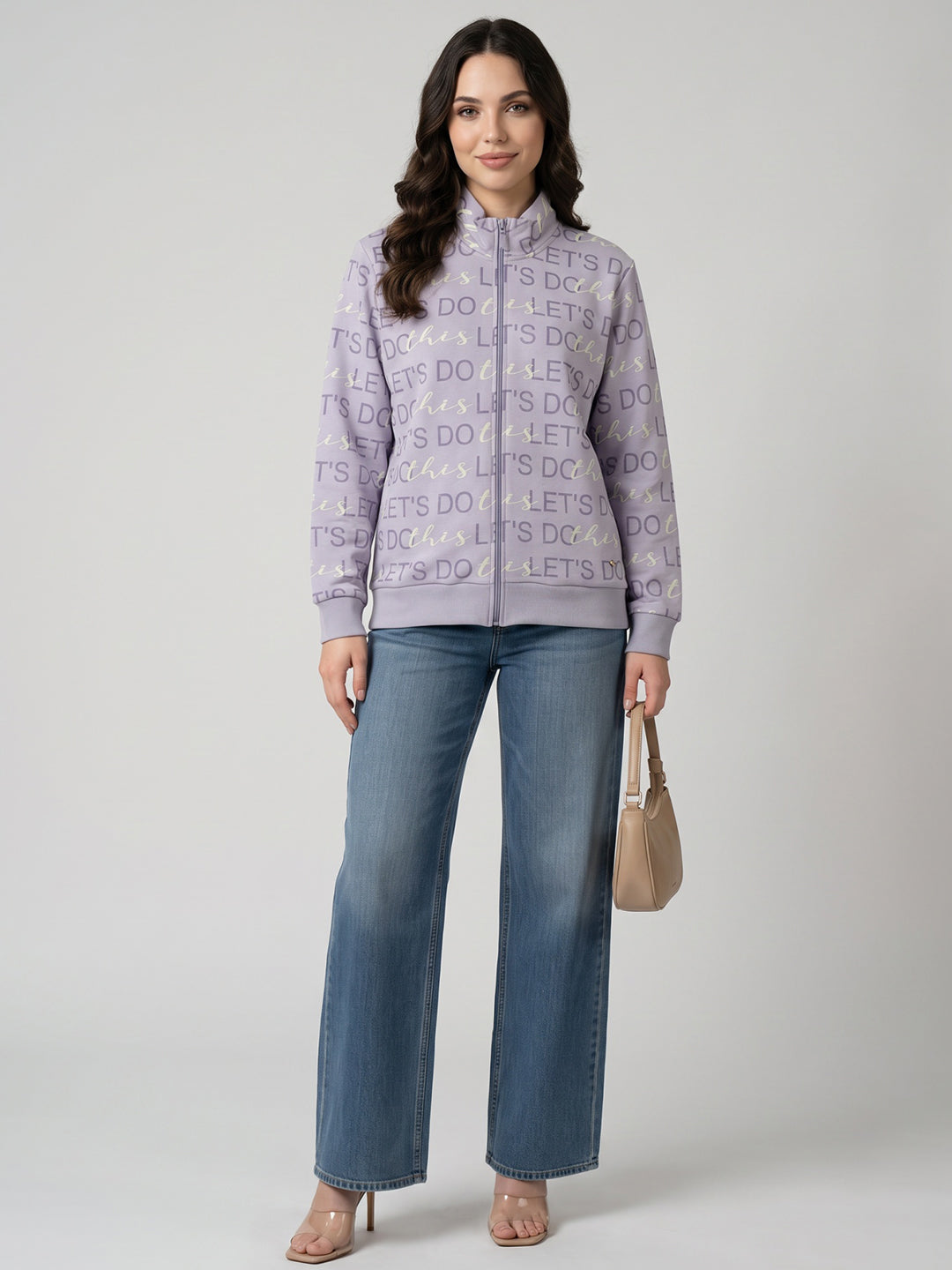 Women Purple Printed Stand Collar Full Sleeve Sweatshirt