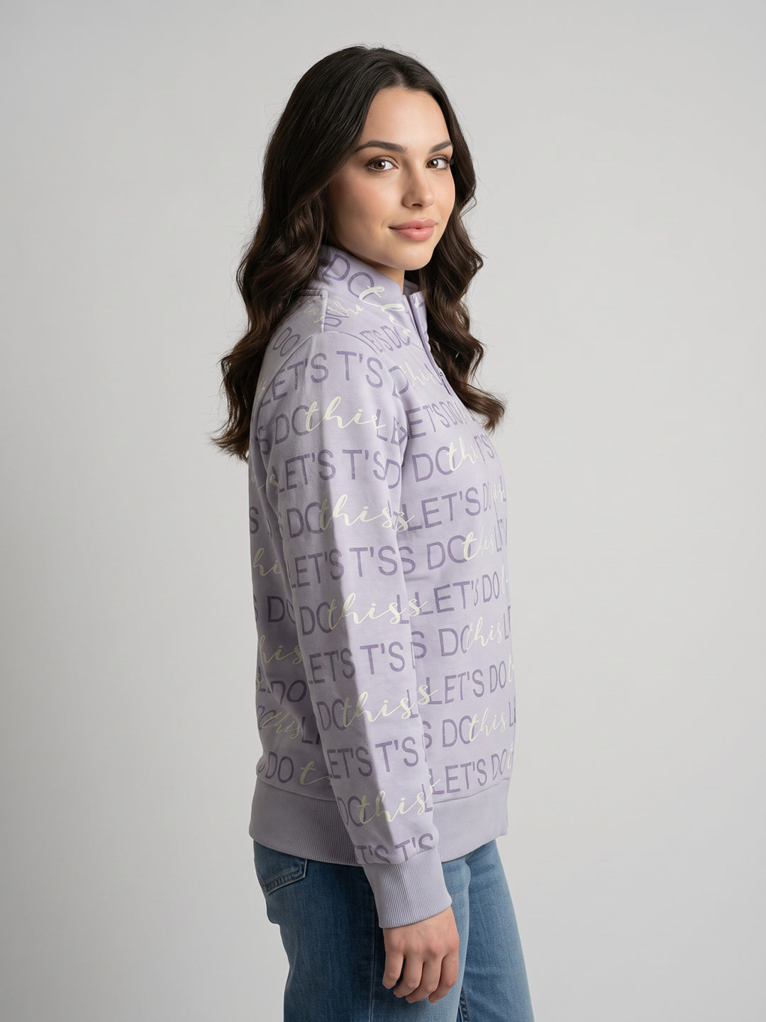 Women Purple Printed Stand Collar Full Sleeve Sweatshirt