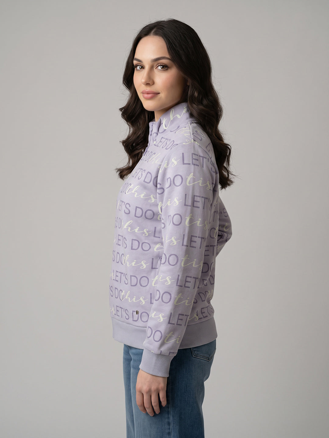 Women Purple Printed Stand Collar Full Sleeve Sweatshirt