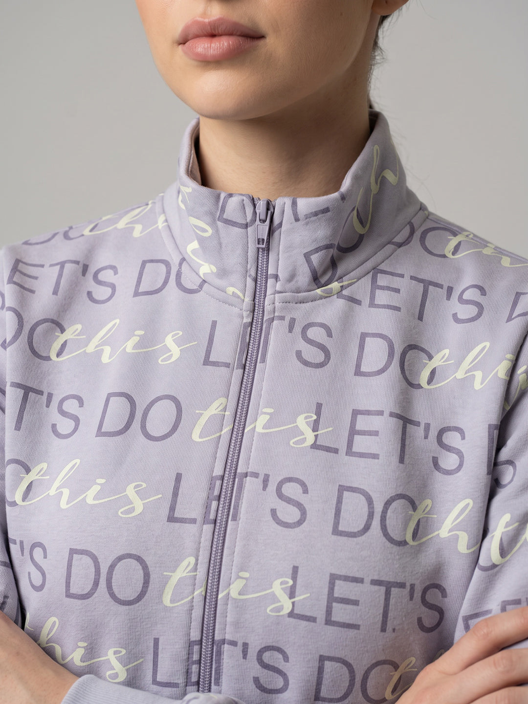 Women Purple Printed Stand Collar Full Sleeve Sweatshirt