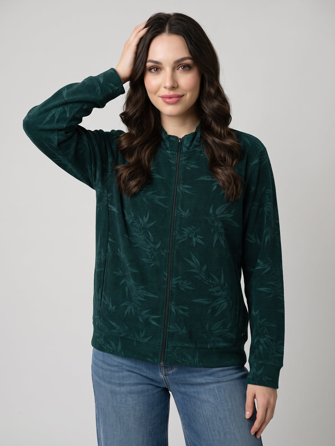 Women Green Printed Mandarin Collar Full Sleeve Sweatshirt