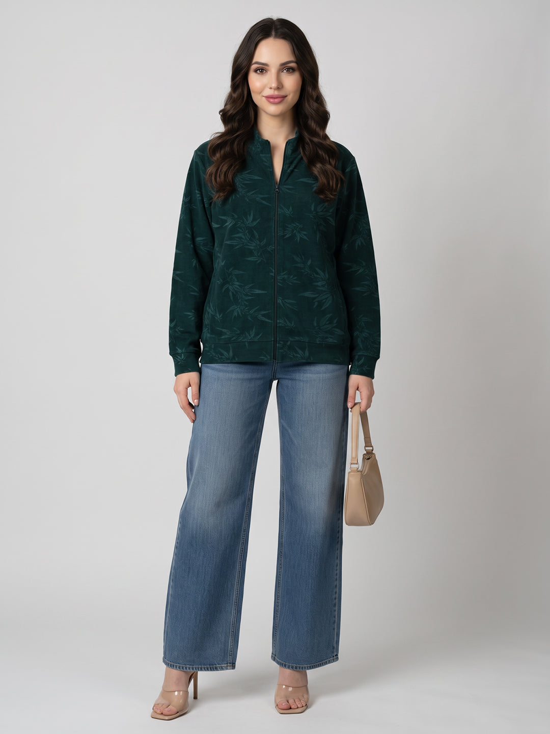 Women Green Printed Mandarin Collar Full Sleeve Sweatshirt