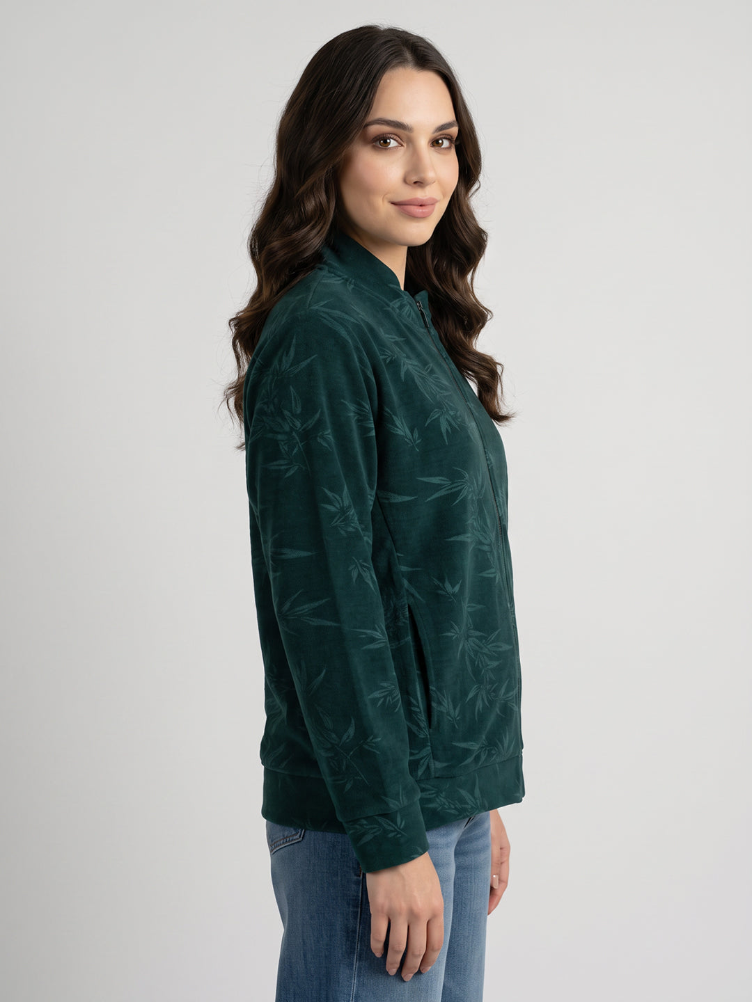 Women Green Printed Mandarin Collar Full Sleeve Sweatshirt