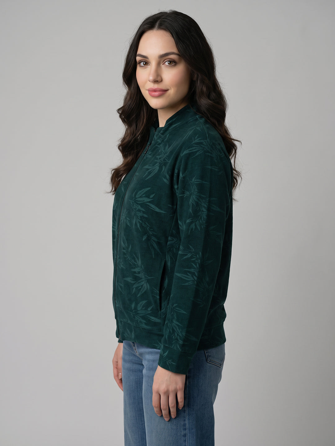Women Green Printed Mandarin Collar Full Sleeve Sweatshirt