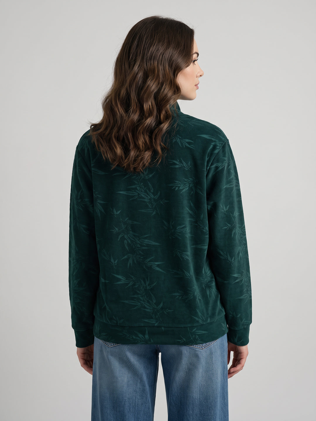 Women Green Printed Mandarin Collar Full Sleeve Sweatshirt