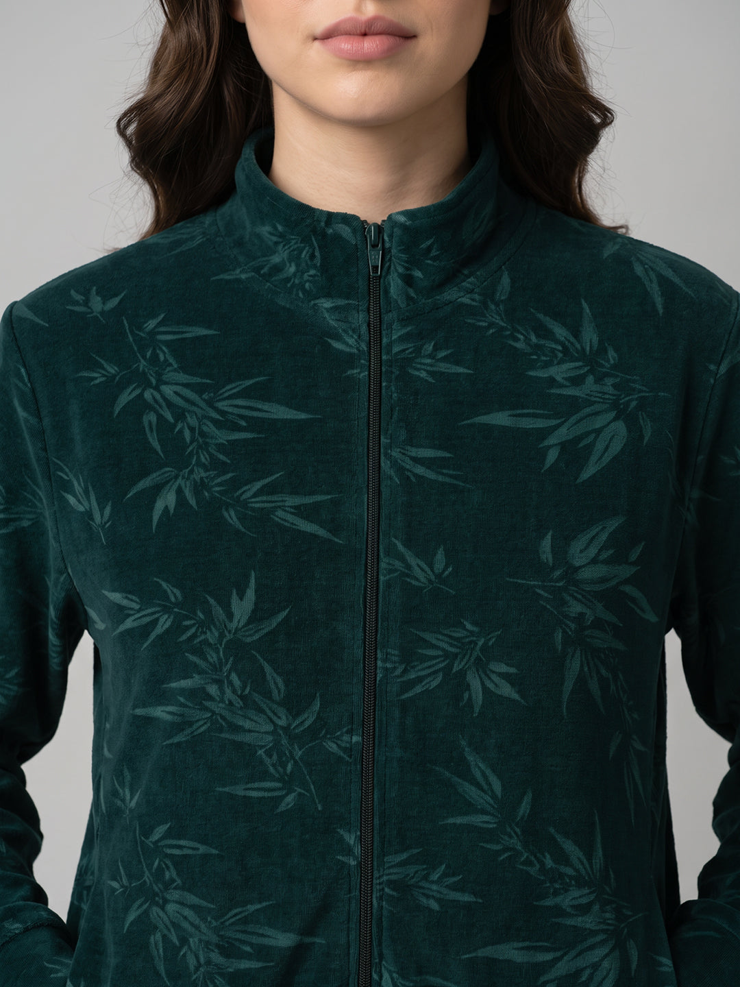 Women Green Printed Mandarin Collar Full Sleeve Sweatshirt