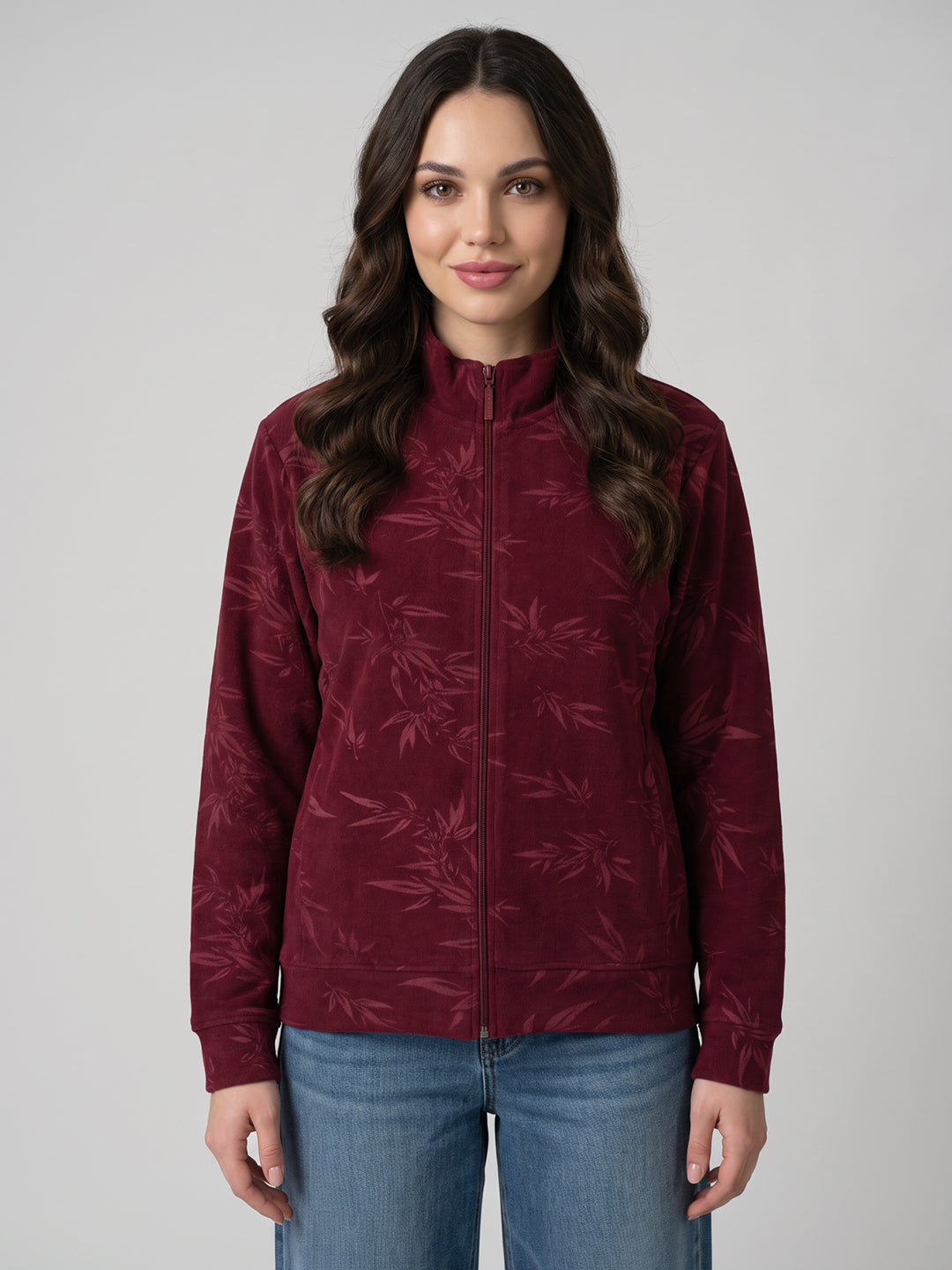 Women Maroon Printed Mandarin Collar Full Sleeve Sweatshirt