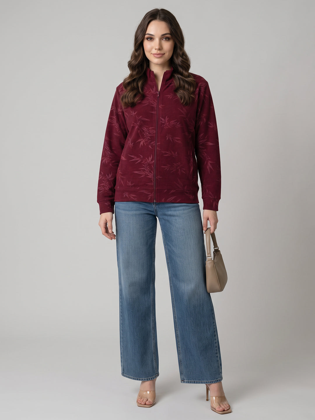 Women Maroon Printed Mandarin Collar Full Sleeve Sweatshirt