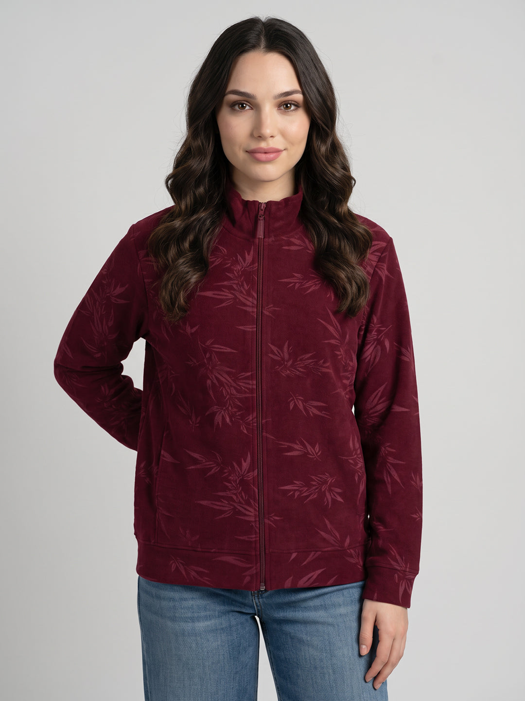 Women Maroon Printed Mandarin Collar Full Sleeve Sweatshirt