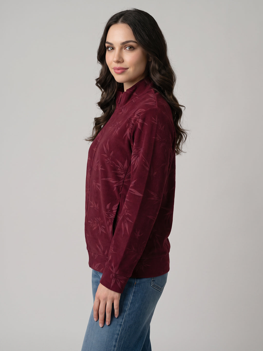 Women Maroon Printed Mandarin Collar Full Sleeve Sweatshirt