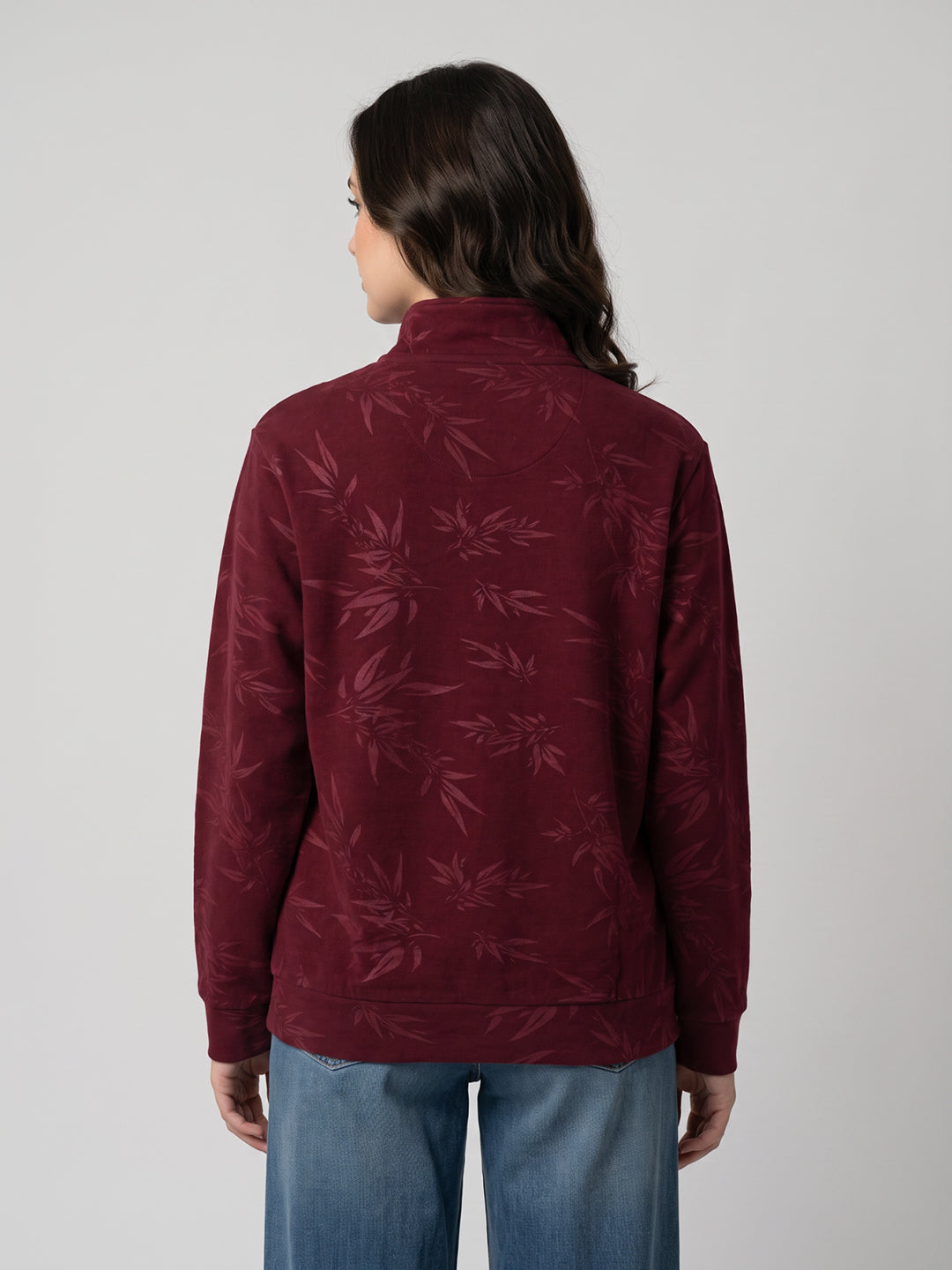 Women Maroon Printed Mandarin Collar Full Sleeve Sweatshirt