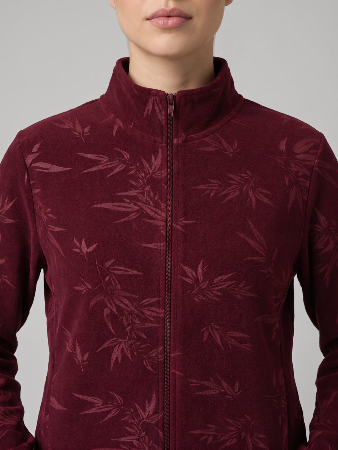 Women Maroon Printed Mandarin Collar Full Sleeve Sweatshirt