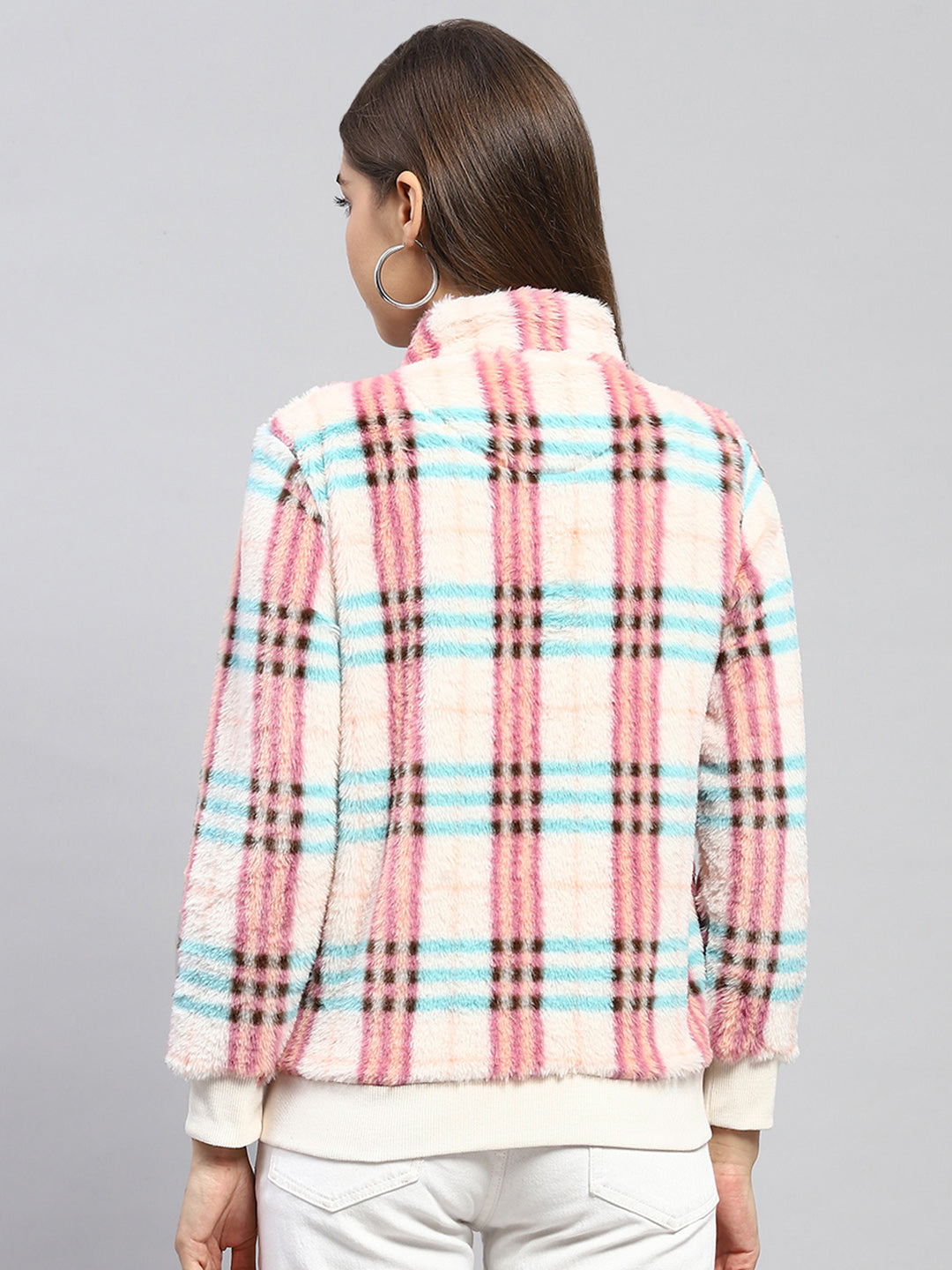 Women Pink Check Mock Neck Full Sleeve Sweatshirt