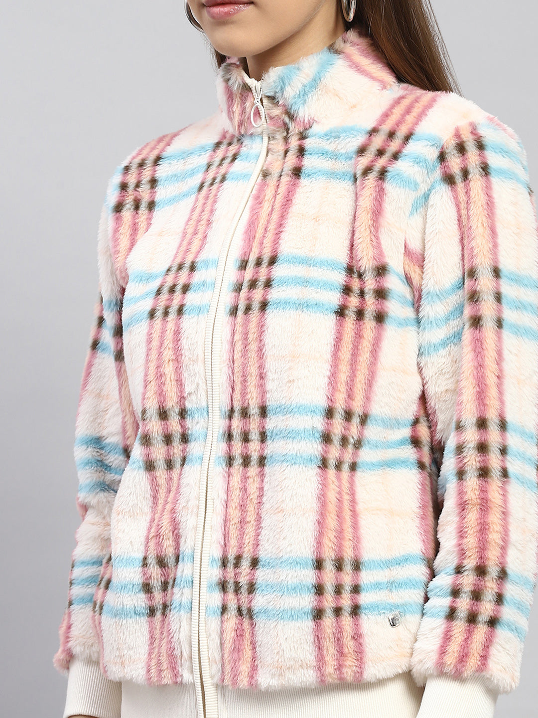 Women Pink Check Mock Neck Full Sleeve Sweatshirt