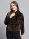 Women Brown Self Design Mock Neck Full Sleeve Sweatshirt
