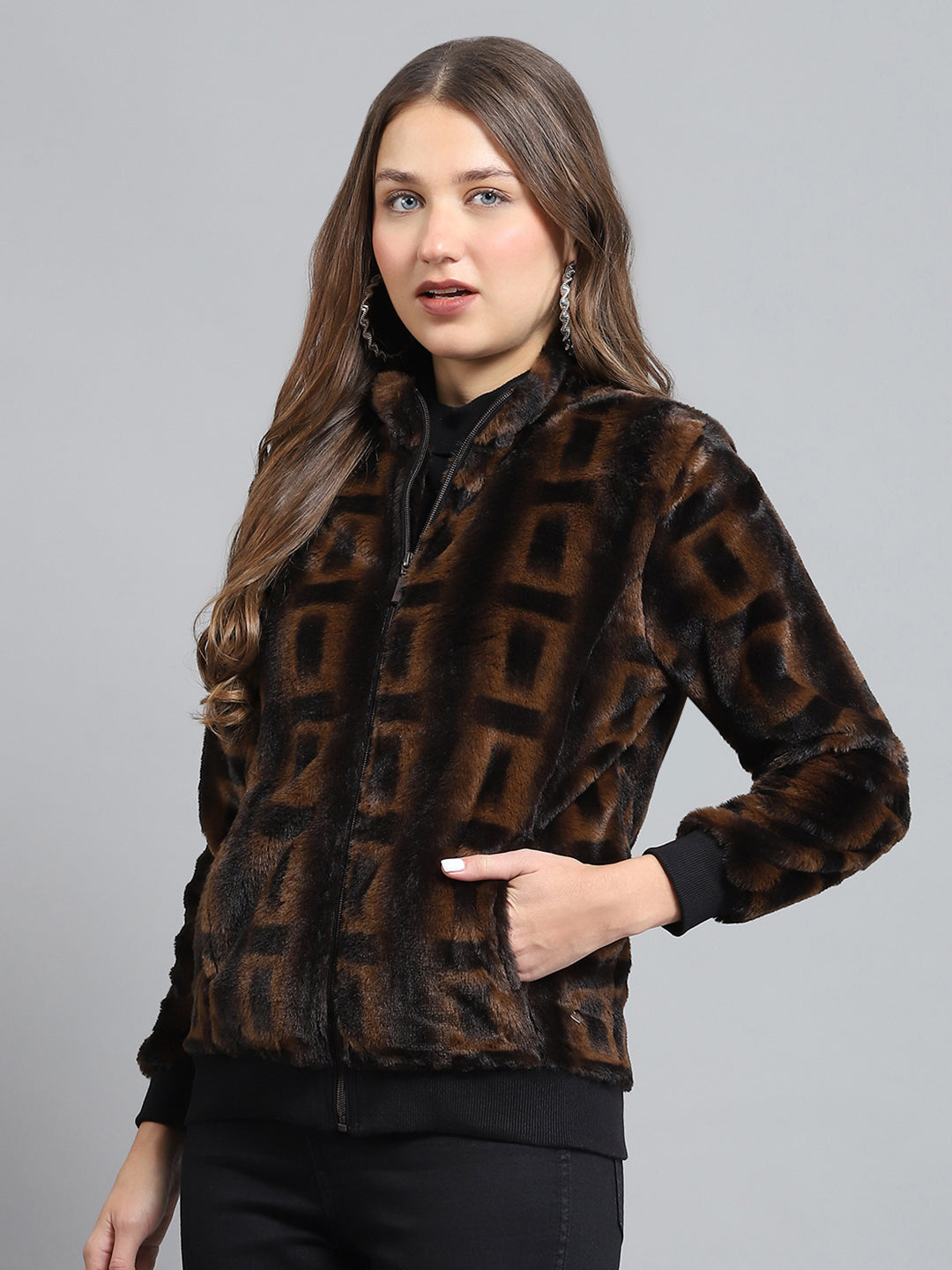 Women Brown Self Design Mock Neck Full Sleeve Sweatshirt