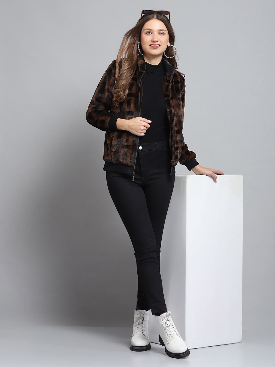 Women Brown Self Design Mock Neck Full Sleeve Sweatshirt