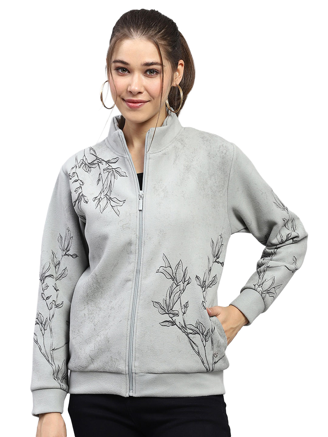 Women Light Green Printed Fashion Neck Full Sleeve Sweatshirt