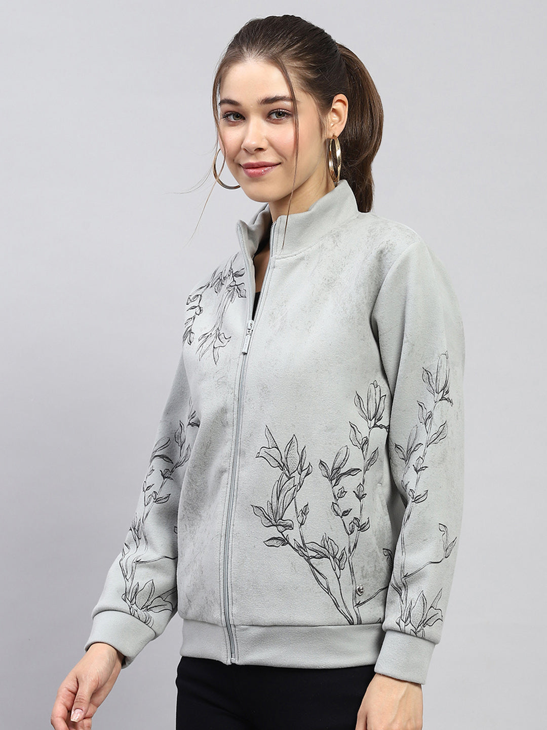 Women Light Green Printed Fashion Neck Full Sleeve Sweatshirt