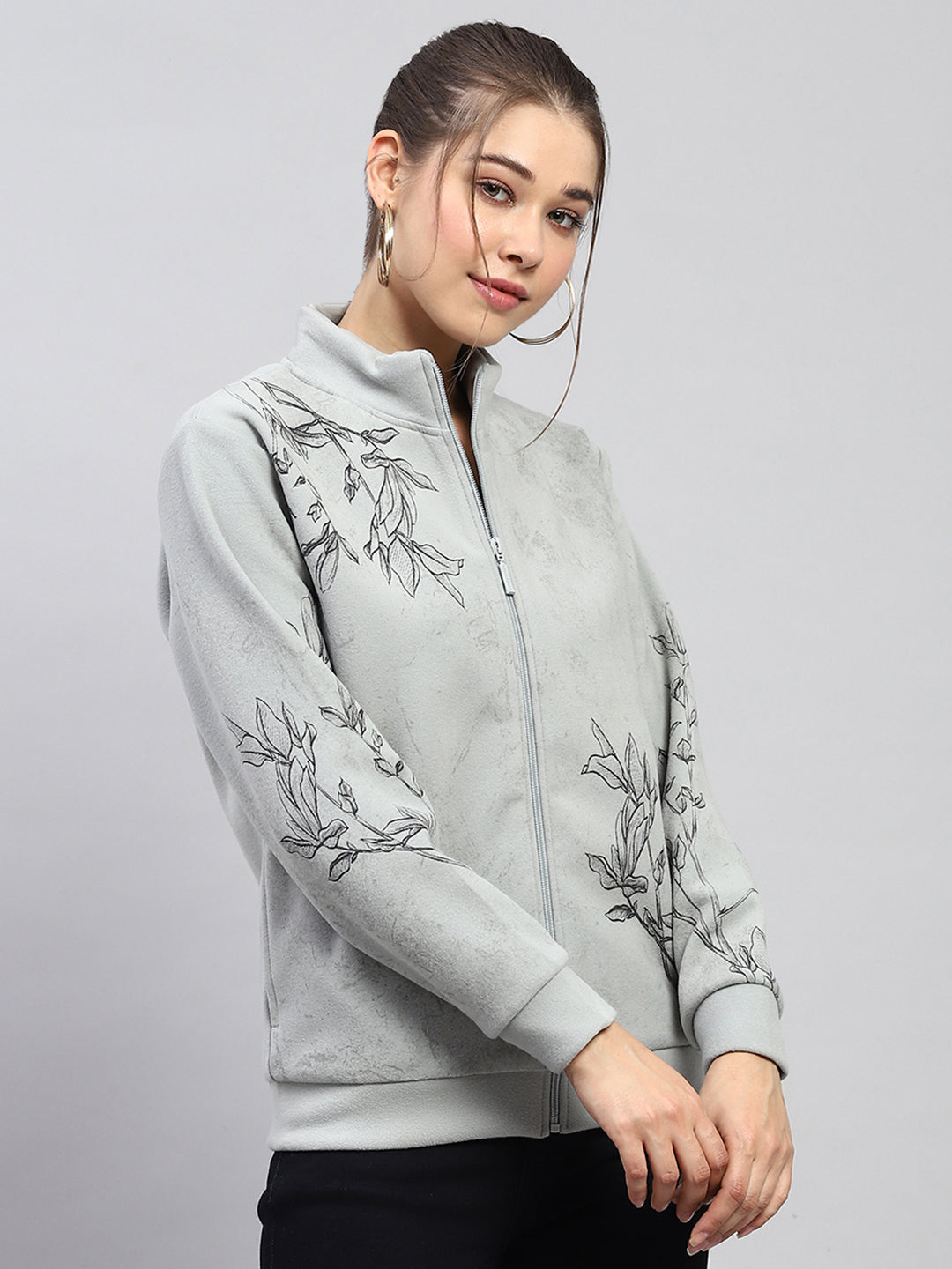 Women Light Green Printed Fashion Neck Full Sleeve Sweatshirt