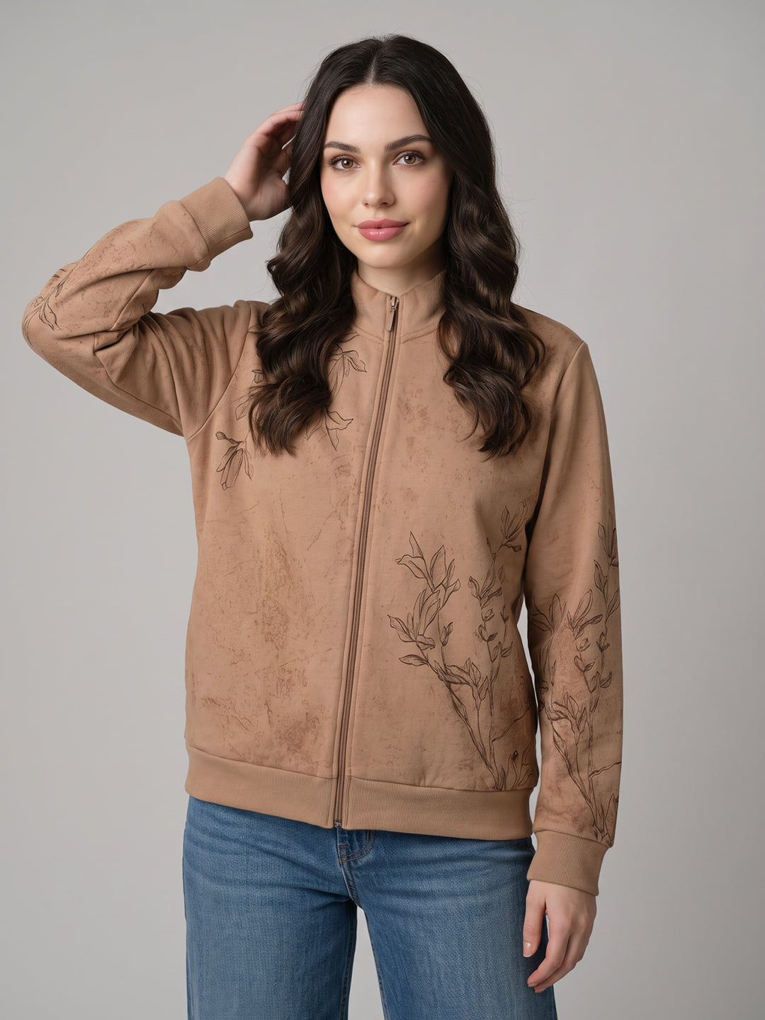 Women Beige Printed Turtle Neck Full Sleeve Sweatshirt