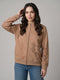 Women Beige Printed Turtle Neck Full Sleeve Sweatshirt