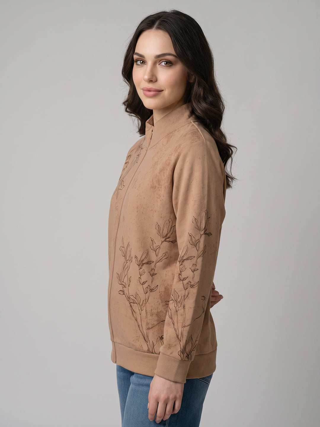 Women Beige Printed Turtle Neck Full Sleeve Sweatshirt