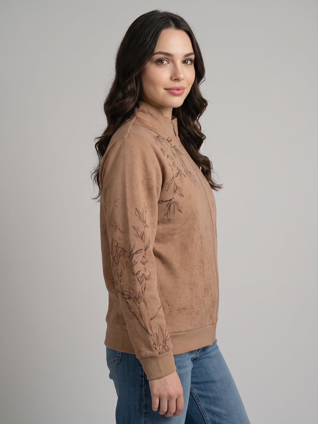 Women Beige Printed Turtle Neck Full Sleeve Sweatshirt