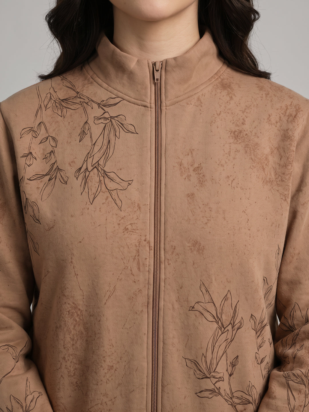 Women Beige Printed Turtle Neck Full Sleeve Sweatshirt