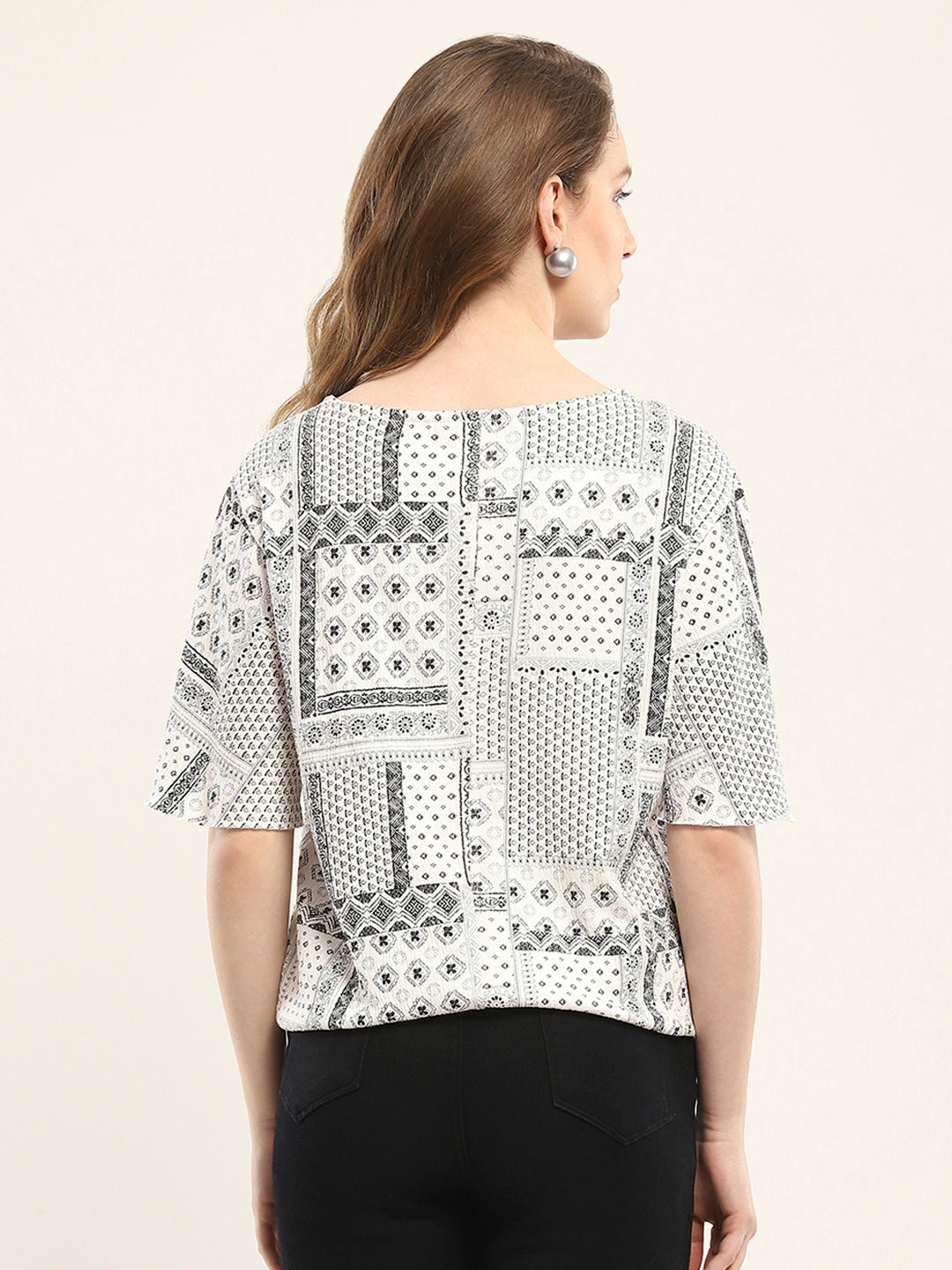 Women White Printed Round Neck Half Sleeve Winte Top