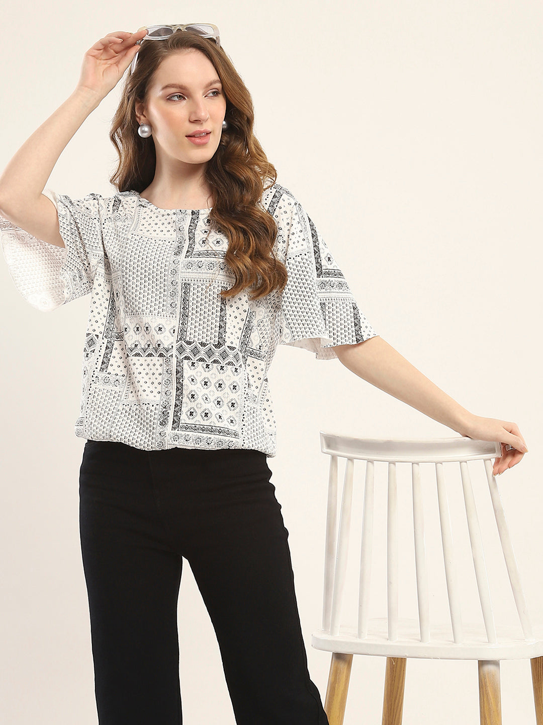 Women White Printed Round Neck Half Sleeve Winte Top
