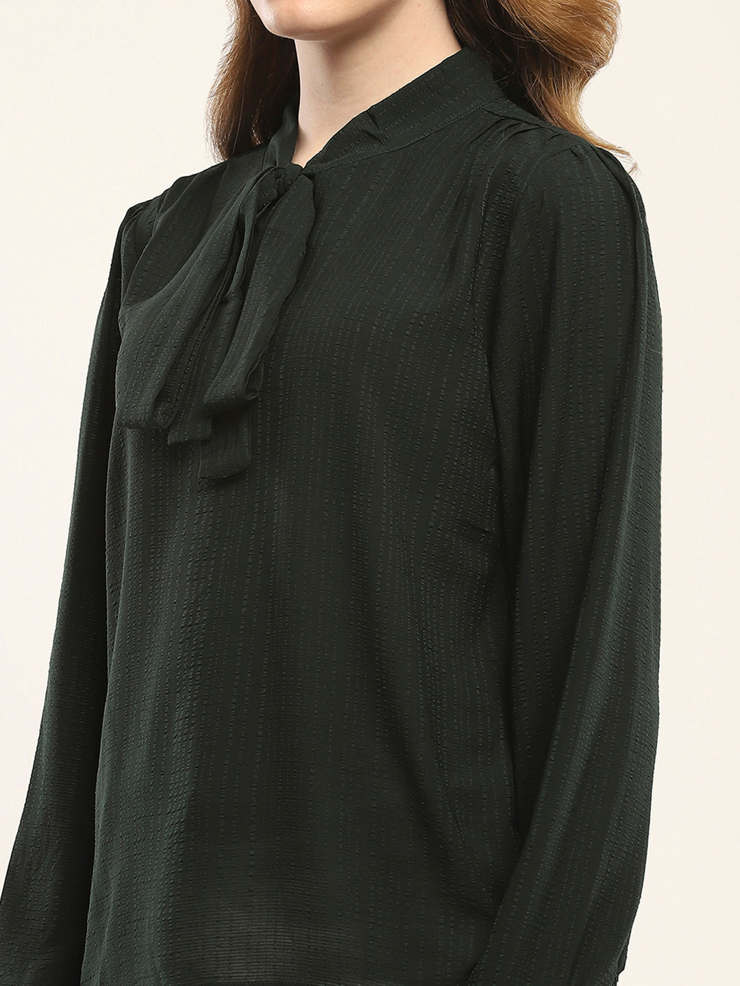 Women Green Solid Round Neck Full Sleeve Winte Top