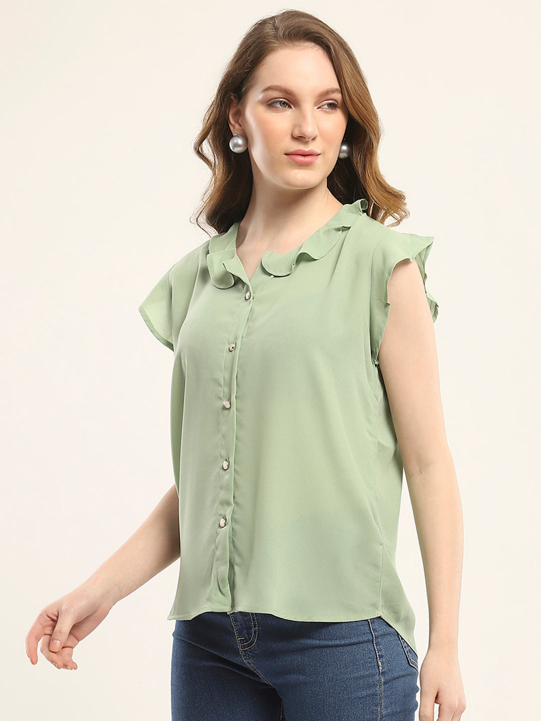 Women Green Solid V Neck Sleeveless Winte Top