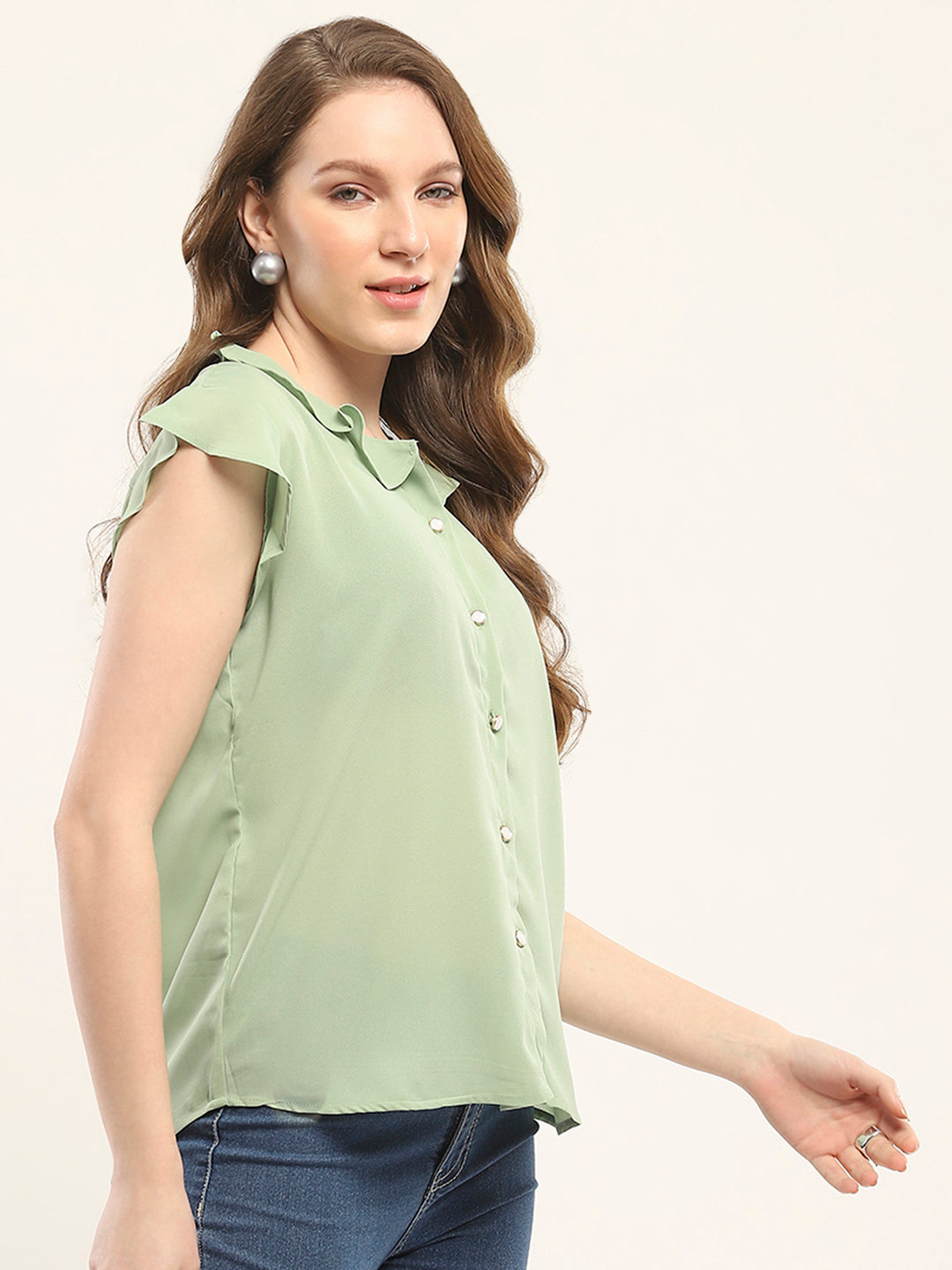 Women Green Solid V Neck Sleeveless Winte Top