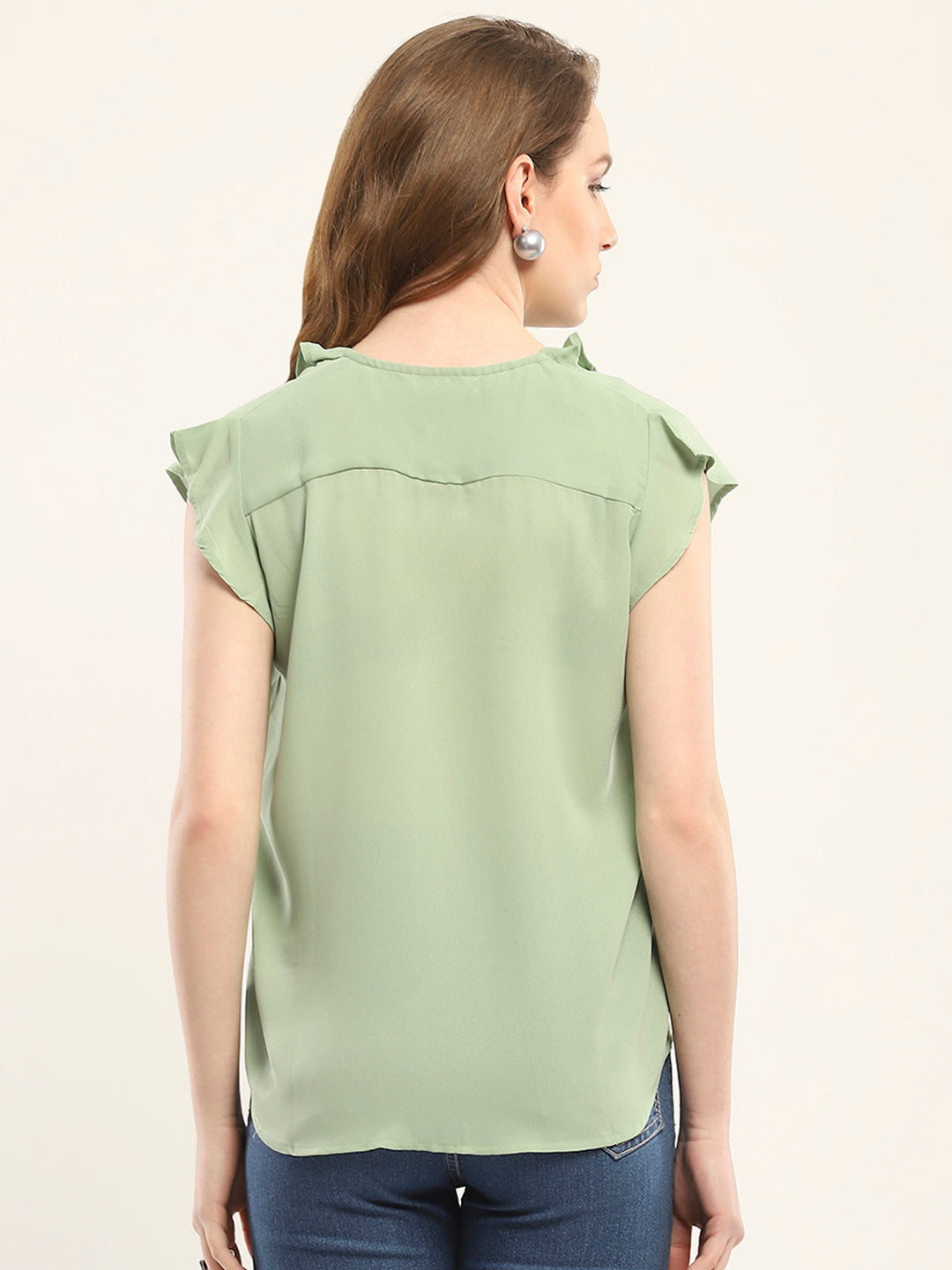 Women Green Solid V Neck Sleeveless Winte Top