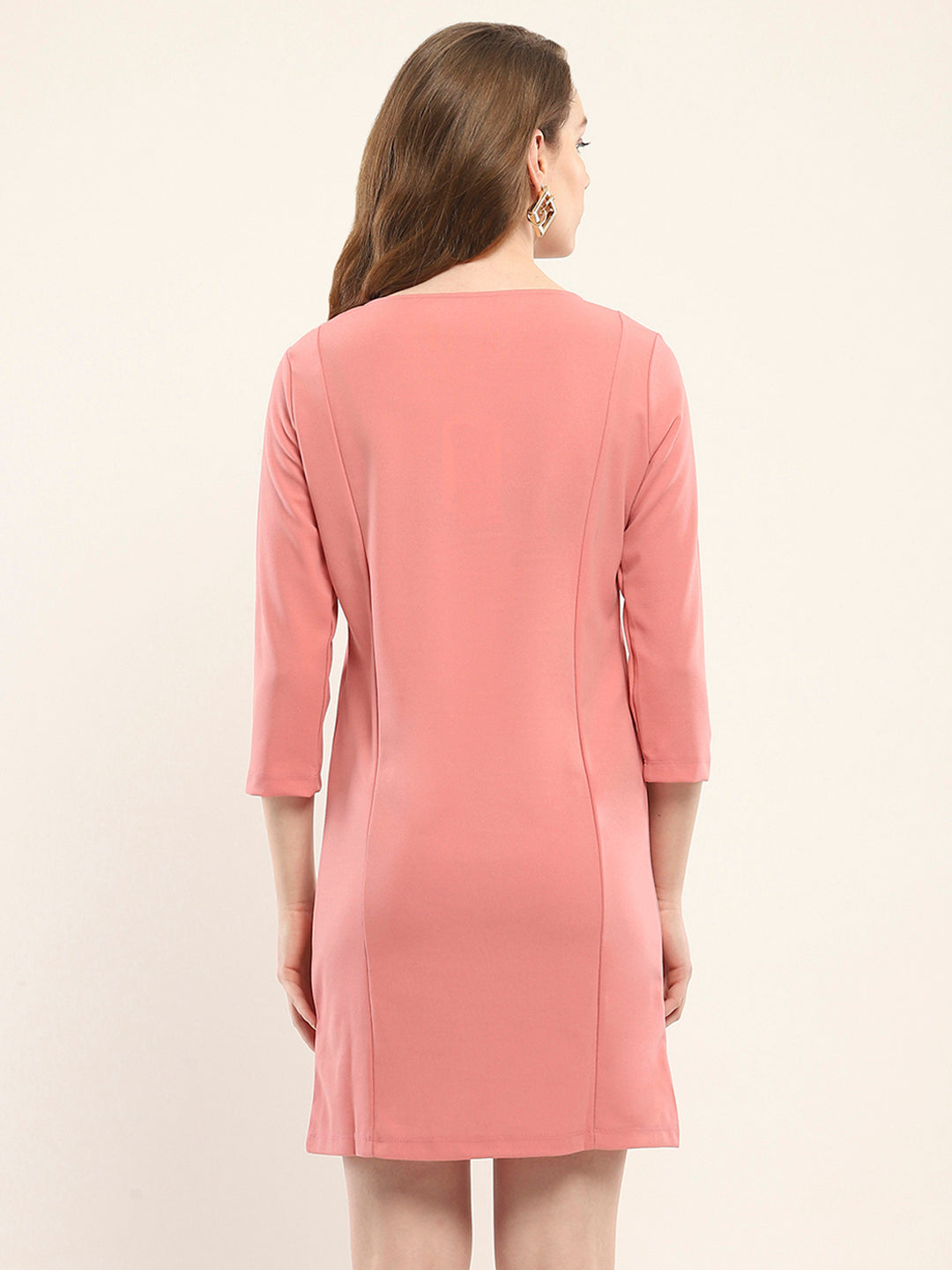 Women Pink Solid Round Neck 3/4th Sleeve Tunic