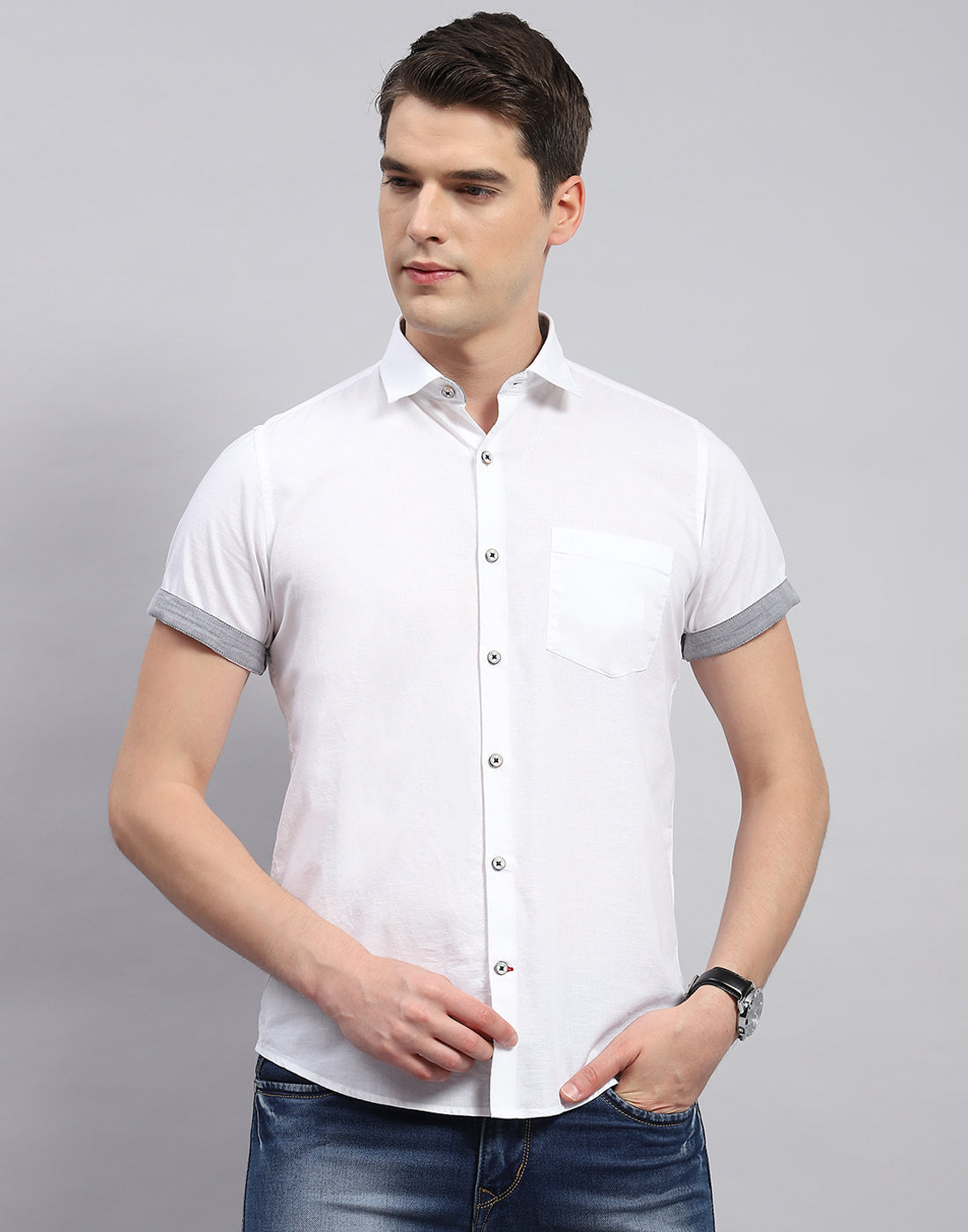 Men White Solid Collar Neck Half Sleeve Shirt