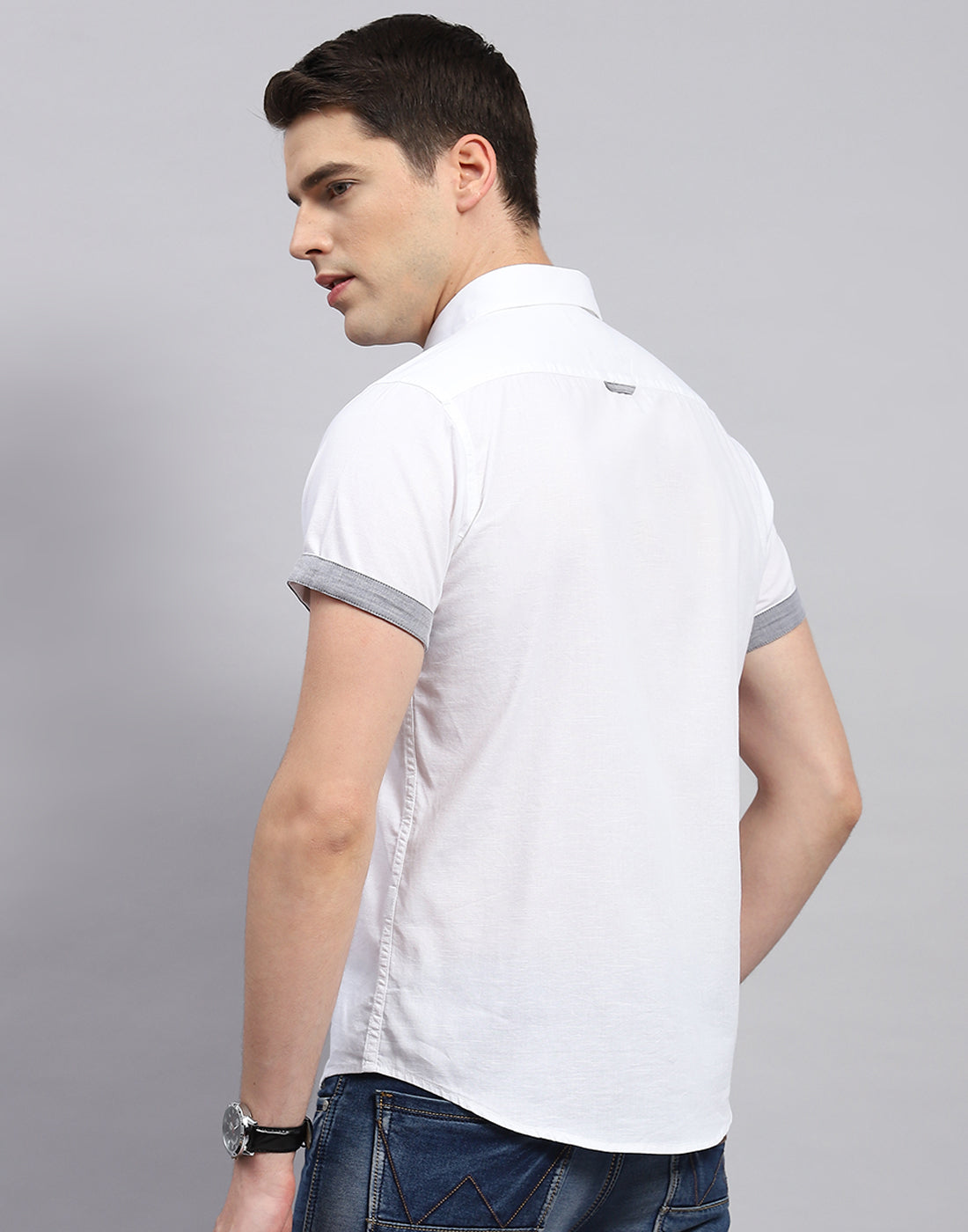 Men White Solid Collar Neck Half Sleeve Shirt