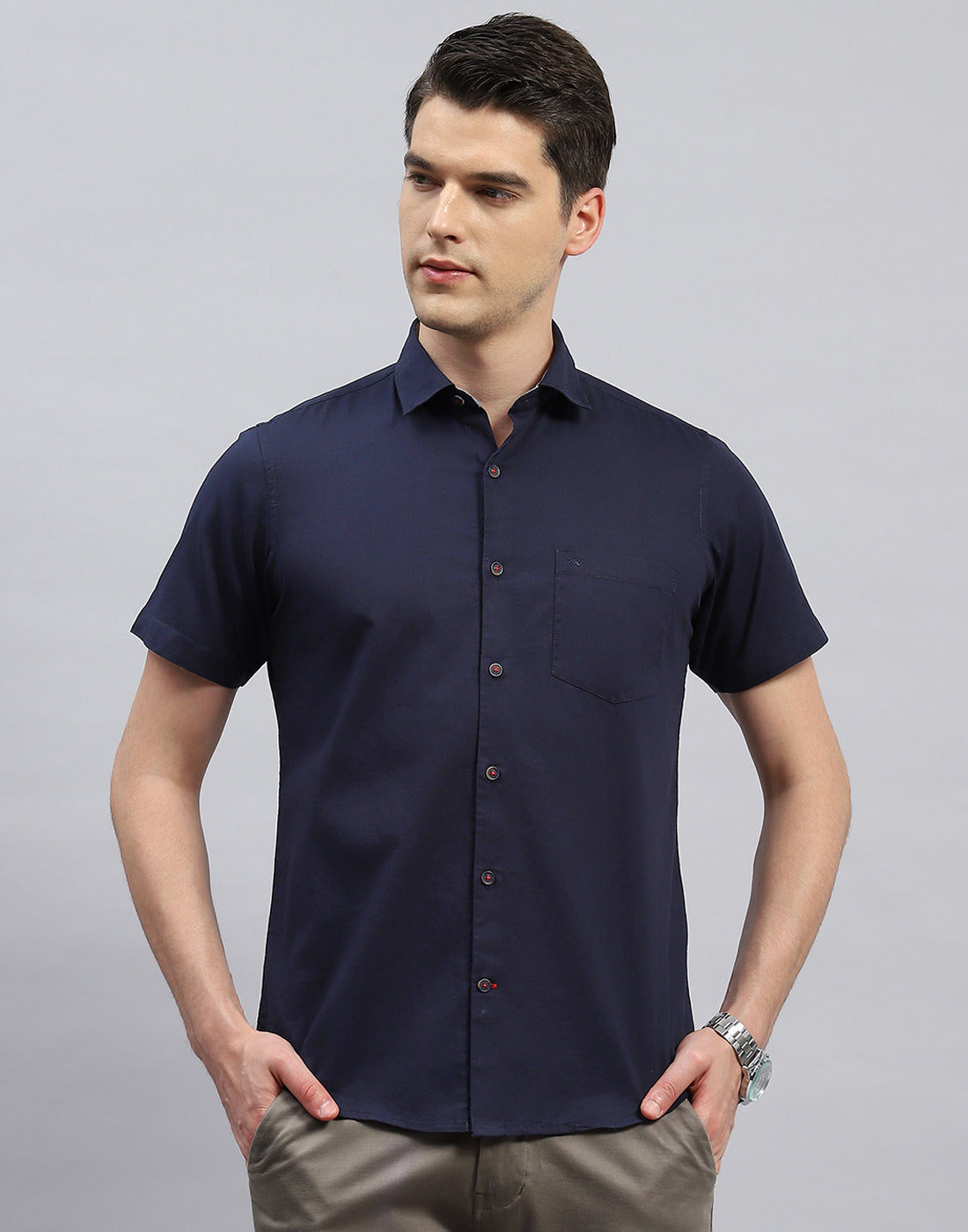 Men Navy Blue Solid Collar Half Sleeve Shirt