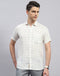 Men White Check Collar Half Sleeve Linen Shirt