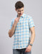 Men Blue Check Collar Half Sleeve Linen Shirt