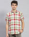 Men Red Check Collar Neck Half Sleeve Linen Shirt