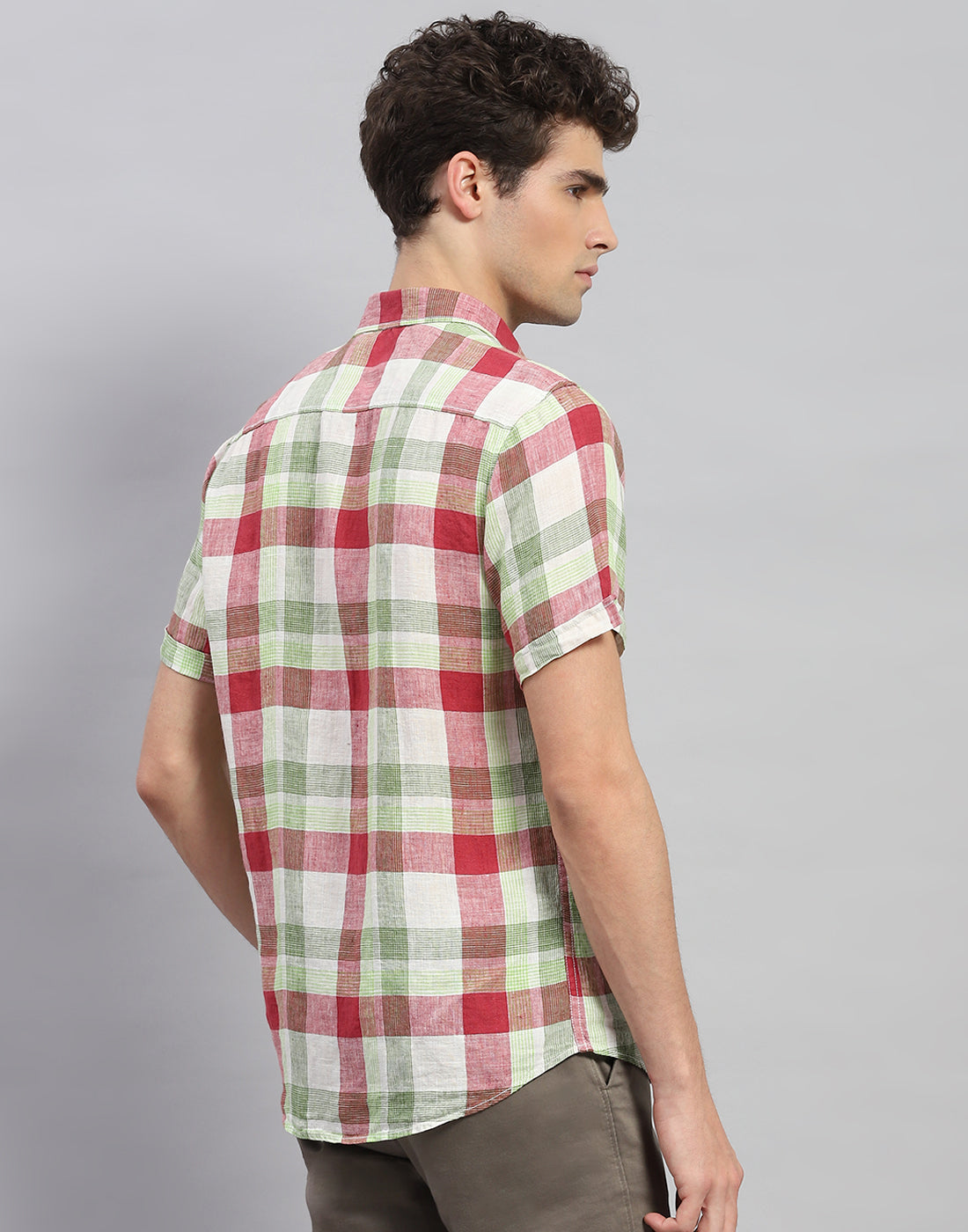 Men Red Check Collar Neck Half Sleeve Linen Shirt